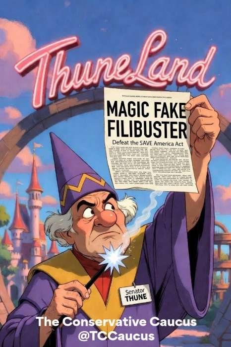 ThuneLand satirical cartoon - Senator Thune as a wizard holding a Magic Fake Filibuster newspaper to defeat the SAVE America Act