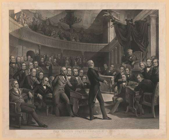 Historical engraving of the United States Senate in the 19th century showing a senator delivering a floor speech — the original talking filibuster tradition