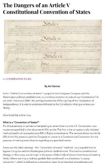 The Dangers of an Article V Constitutional Convention of States — Conservative Caucus Foundation paper