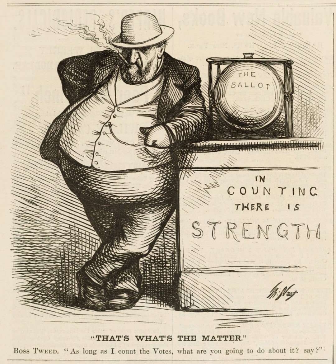 Thomas Nast political cartoon of Boss Tweed at a ballot box reading IN COUNTING THERE IS STRENGTH