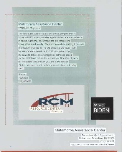 Matamoros Assistance Center flyer urging illegal migrants to vote for Biden