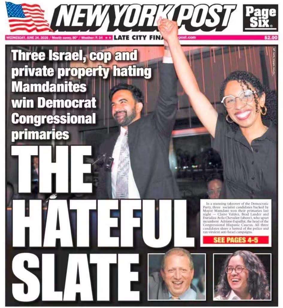 New York Post front page: THE HATEFUL SLATE