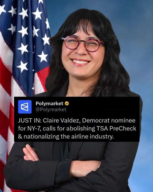 Polymarket tweet: Claire Valdez calls for abolishing TSA PreCheck and nationalizing the airline industry