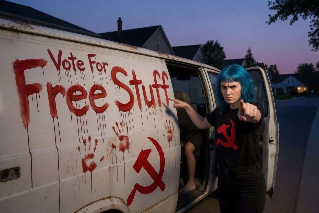 Illustration: woman with blue hair next to a van spray-painted 'Vote For Free Stuff' with a hammer and sickle