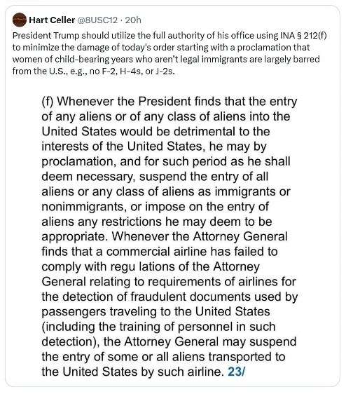 Hart Celler @8USC12 tweet on President Trump's authority under INA § 212(f)