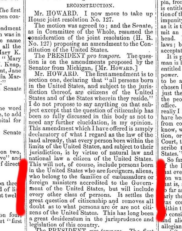 Senator Howard's 1866 Senate floor remarks introducing the Citizenship Clause of the 14th Amendment
