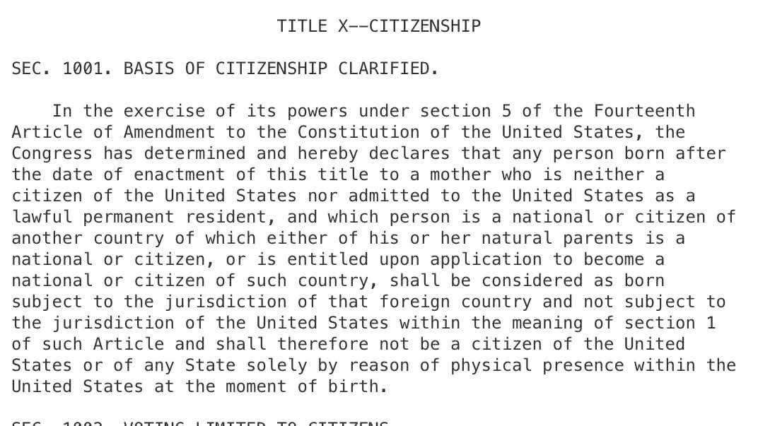 Title X — Citizenship, Section 1001, Basis of Citizenship Clarified — from Senator Reid's Immigration Stabilization Act of 1993