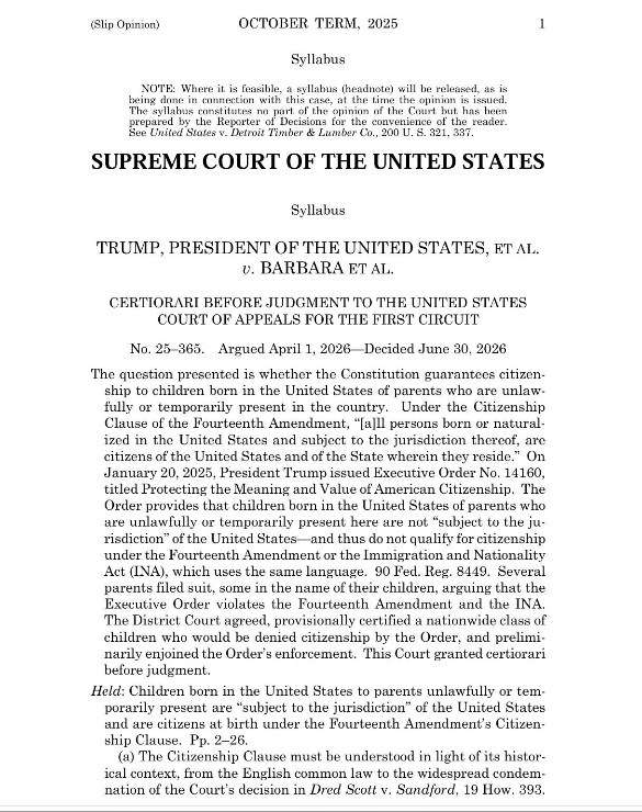 Supreme Court syllabus, Trump v. Barbara, October Term 2025