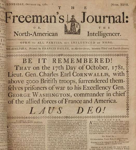 The Freeman's Journal announces Cornwallis's surrender at Yorktown, 1781