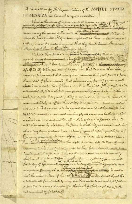 Jefferson's rough draft of the Declaration of Independence with edits