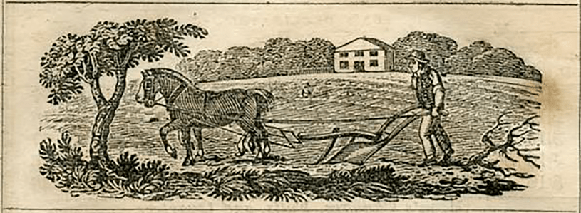 An 1850 engraving of a farmer plowing his field