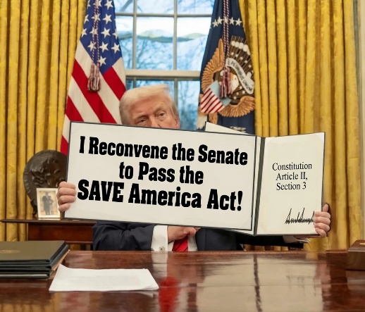 President Trump holds a signed order: I Reconvene the Senate to Pass the SAVE America Act — Constitution Article II, Section 3