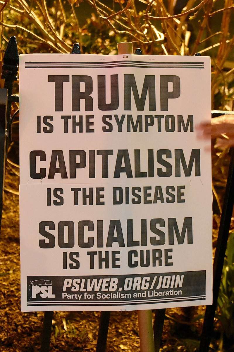 Party for Socialism and Liberation sign: Trump is the symptom, capitalism is the disease, socialism is the cure