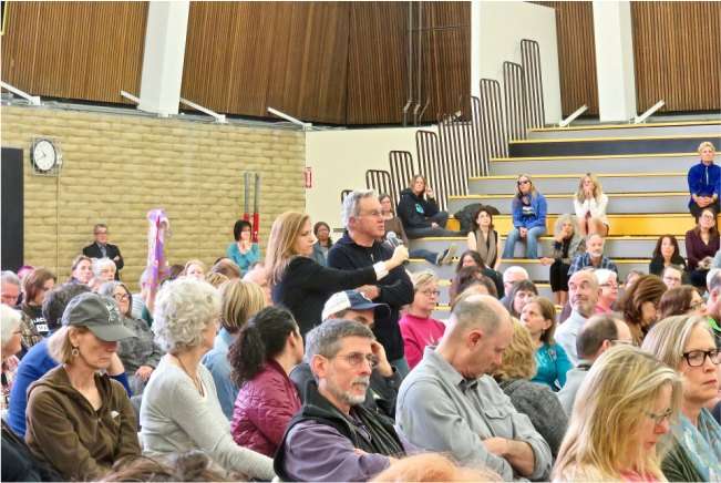 A constituent asks a question at a town hall meeting