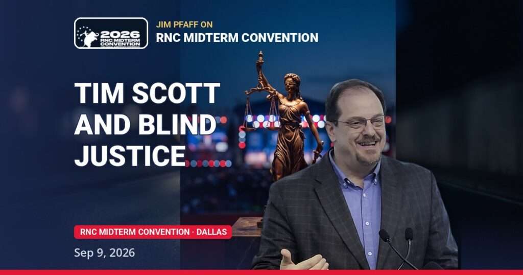 Tim Scott speech - Jim Pfaff at The Conservative Caucus media suite on day one of the 2026 RNC Midterm Convention in Dallas, September 9 2026