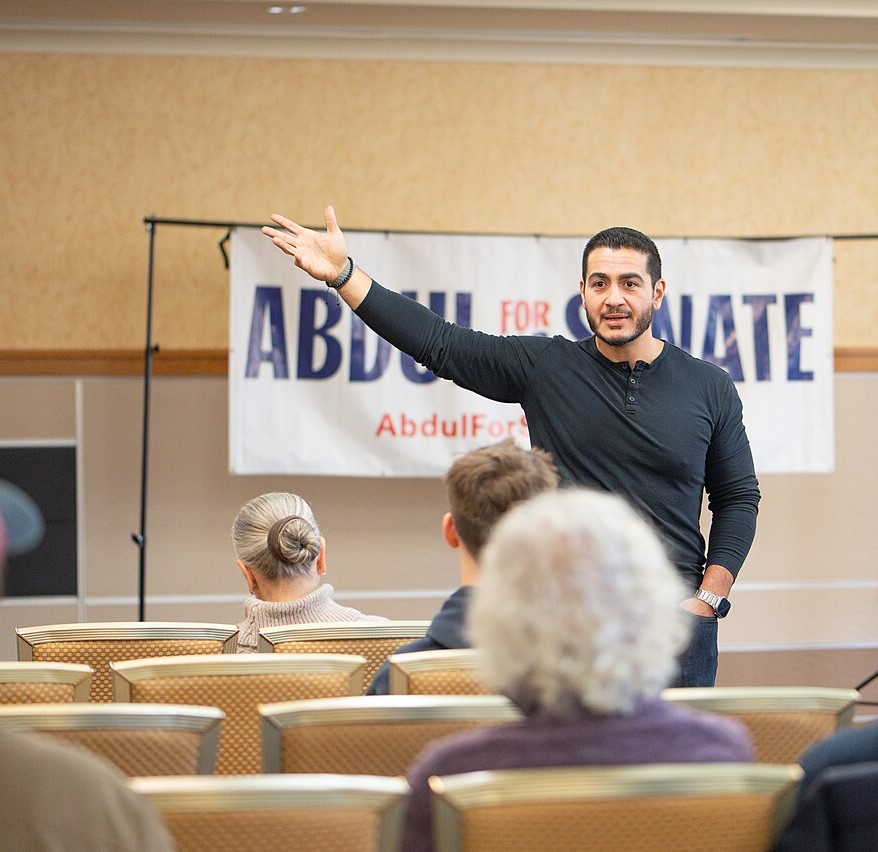 Abdul El-Sayed speaking at a Michigan campaign event