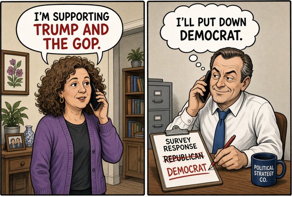 Pollster cartoon: a voter says she supports Trump and the GOP; the pollster writes down Democrat